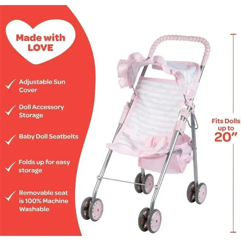 Adora - Pastel Pink Heart Baby Doll Stroller with Umbrella Shade & Ruffle Trim