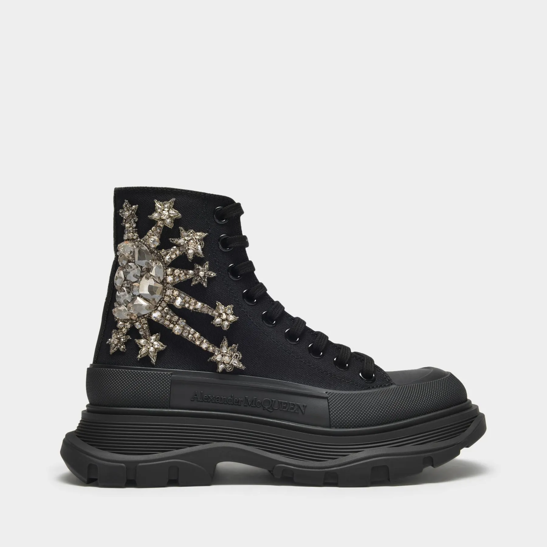 Alexander McQueen  Tread Slick Sneakers in Black Canvas and Crystal Details