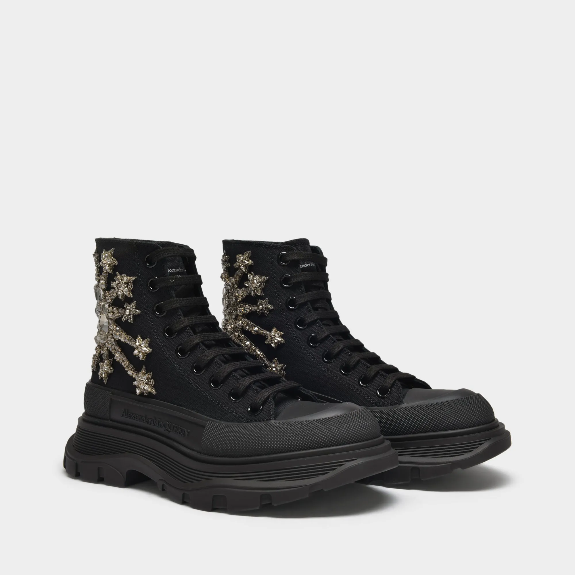 Alexander McQueen  Tread Slick Sneakers in Black Canvas and Crystal Details