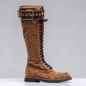 Alps Tall Lace Up Boot W/ Buckle In Cognac Suede