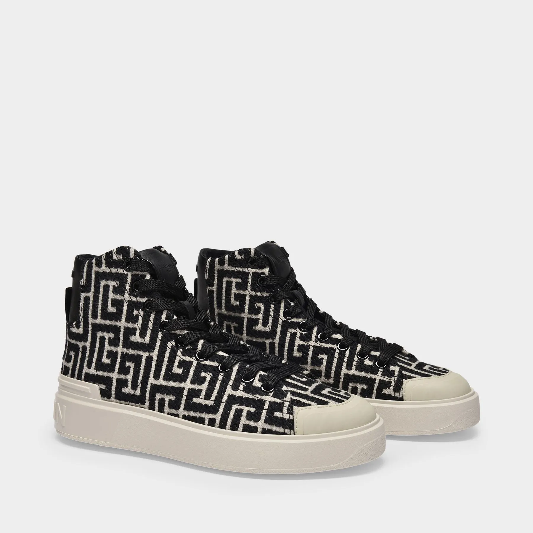 Balmain  B Court High Top-Monogram Jacquard Gfe Ivoire/Noir Sneakers