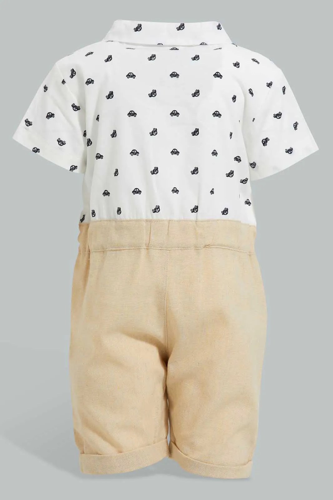 Beige And White Car Romper With Suspender For Babies