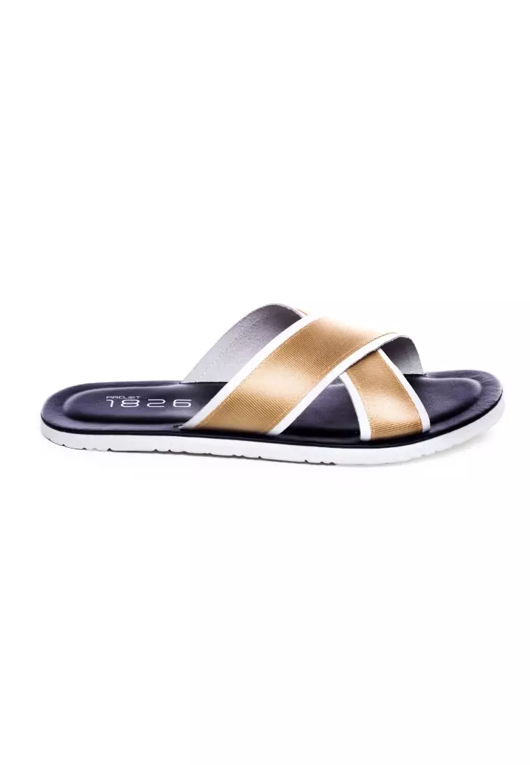 BEVIS CROSS STRAP LEATHER SLIPPER BEIGE