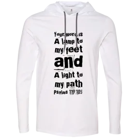 Bible Verse Men Long Sleeve T-Shirt Hoodie - Your Word Is Light To My Path ~Psalm 119:105~ Design 6 (Black Font)