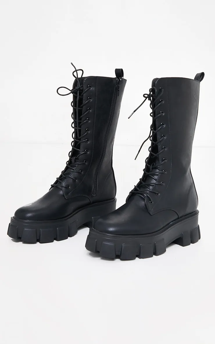 Black Extreme Chunky Sole Calf High Biker Boot