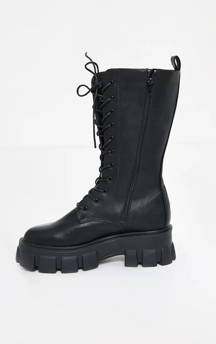 Black Extreme Chunky Sole Calf High Biker Boot