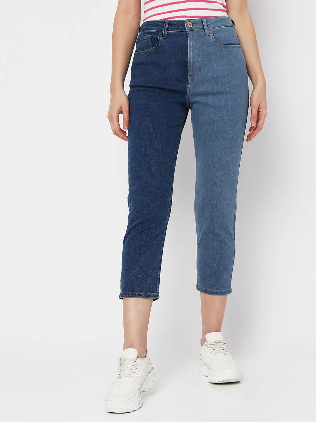 Blue High Rise Colourblocked Mom Fit Jeans