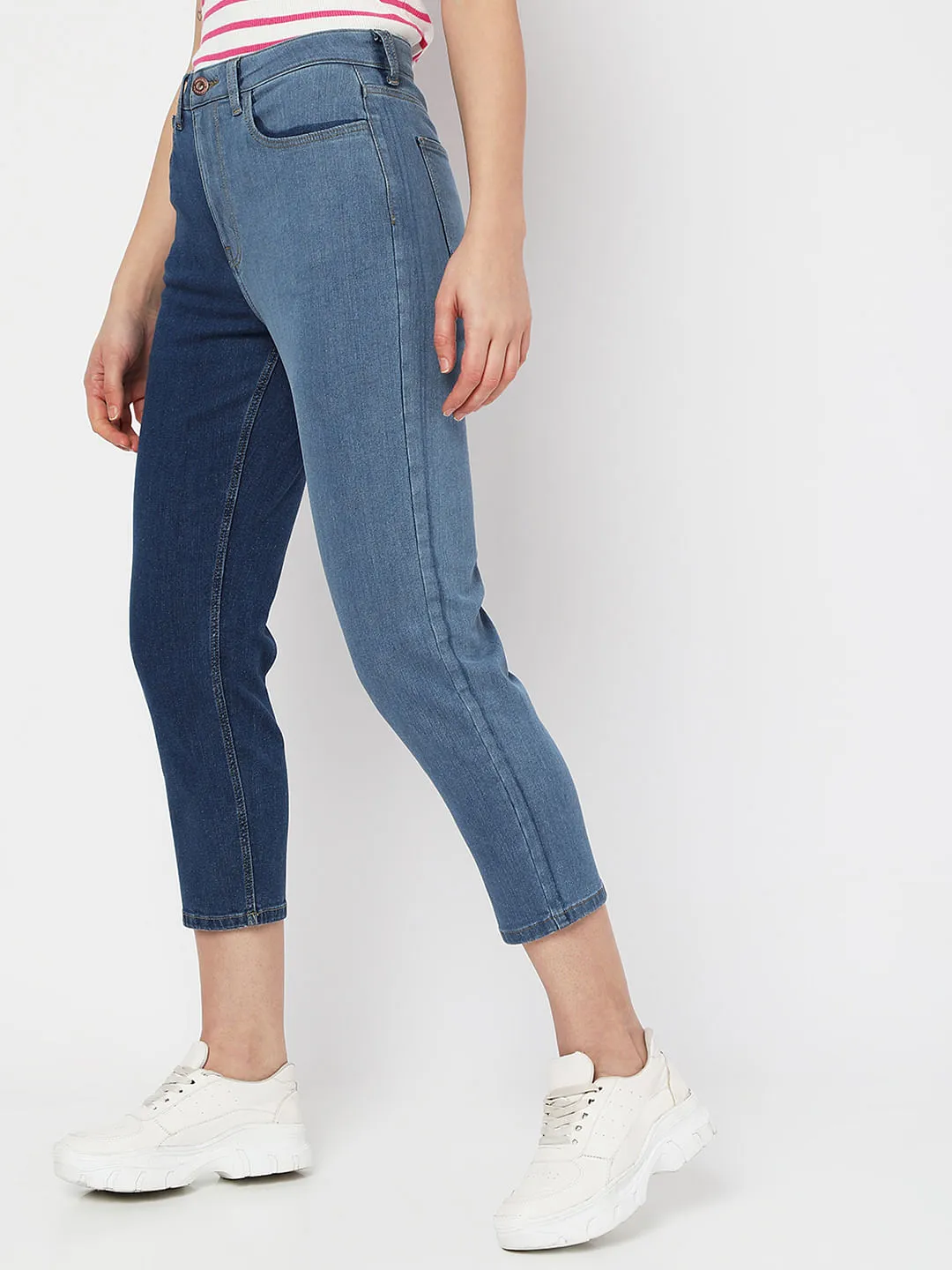 Blue High Rise Colourblocked Mom Fit Jeans