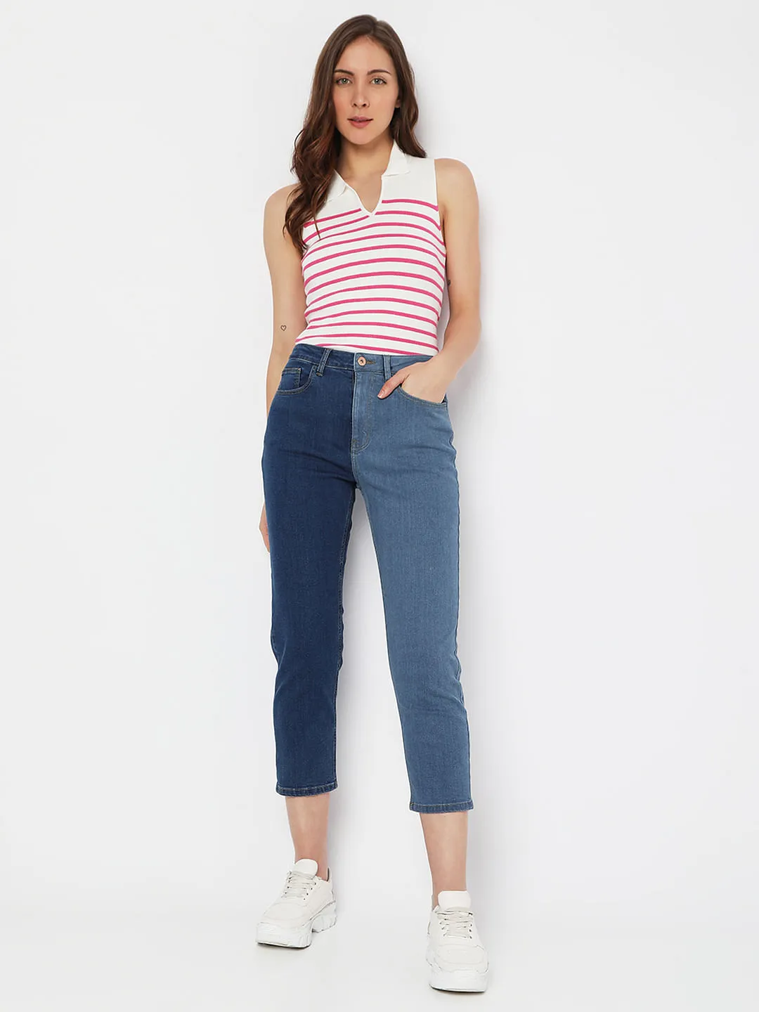 Blue High Rise Colourblocked Mom Fit Jeans