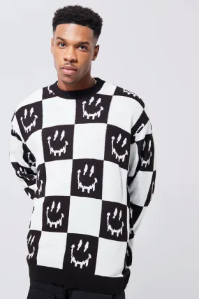 Checkerboard Face Oversized Knitted Jumper | boohooMAN UK