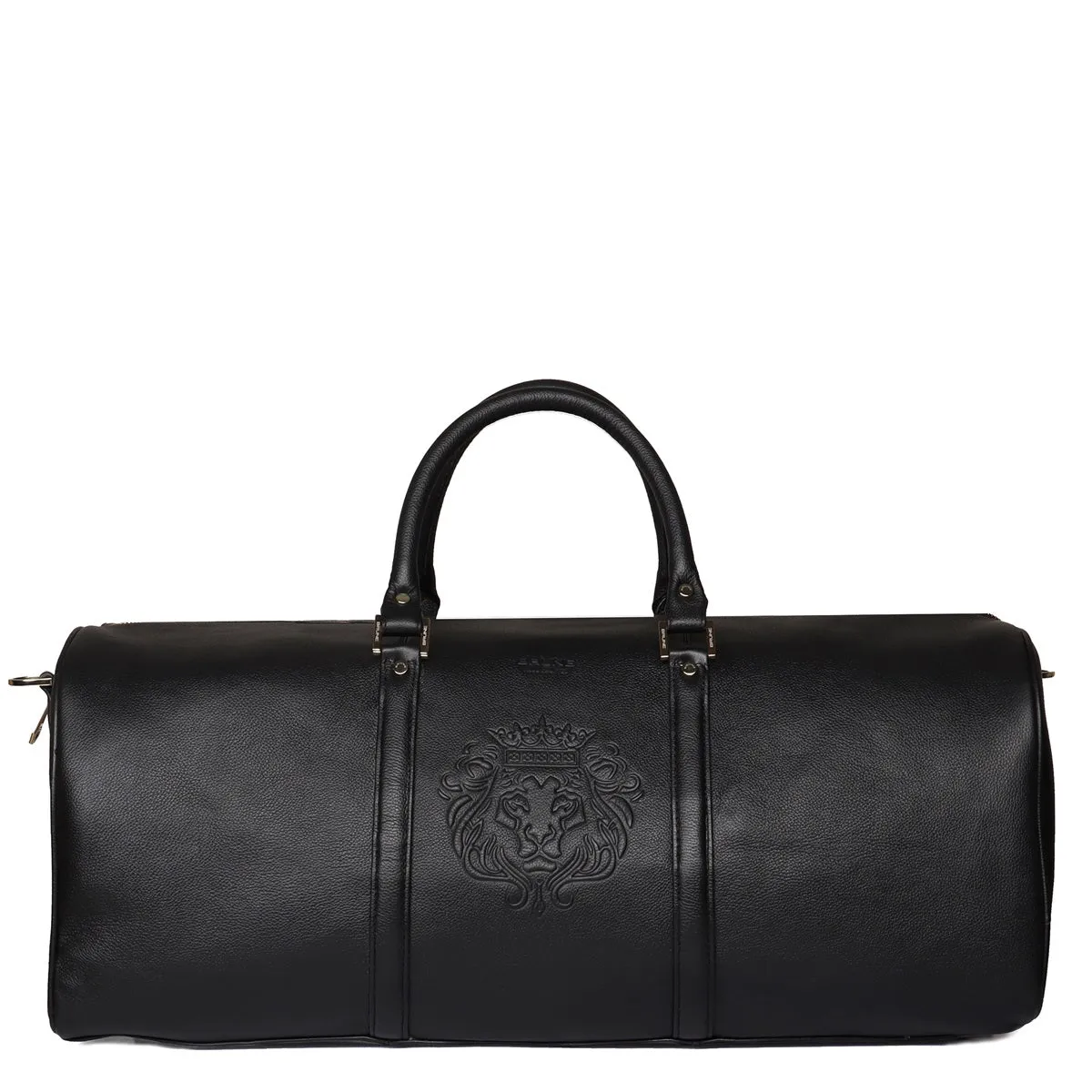 Embossed Lion Unisex Black Textured Leather Duffle Bag With Bag Tag By Brune & Bareskin