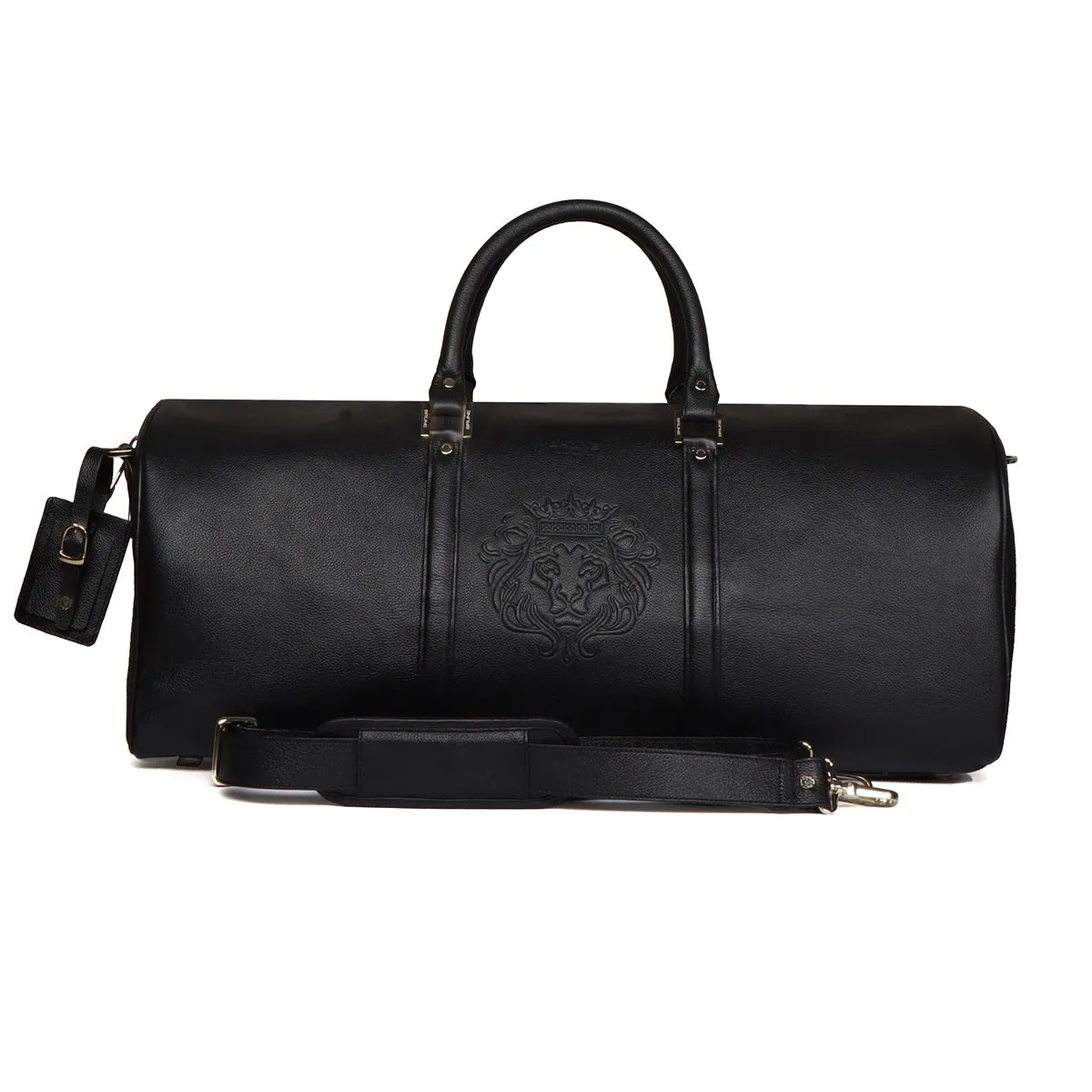 Embossed Lion Unisex Black Textured Leather Duffle Bag With Bag Tag By Brune & Bareskin