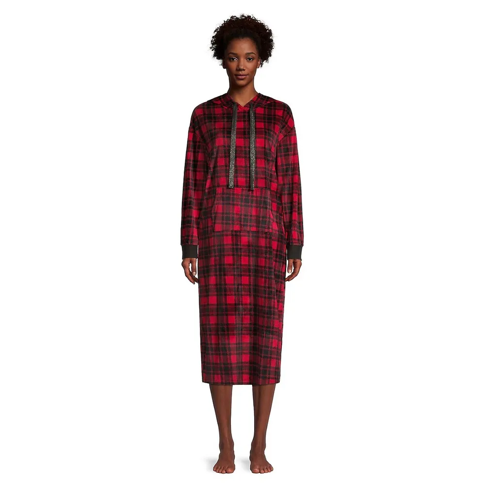 Emily and Jane Holiday Lux Plaid Velour Long Hoodie Lounger