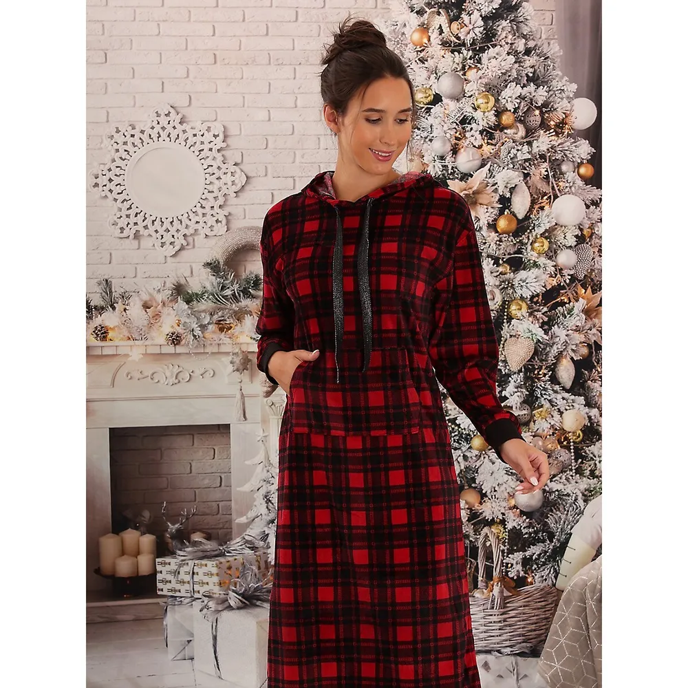 Emily and Jane Holiday Lux Plaid Velour Long Hoodie Lounger