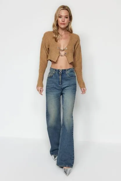 Faded Effect Vintage Zipper Detailed High Waist Wide Leg Cotton Jeans