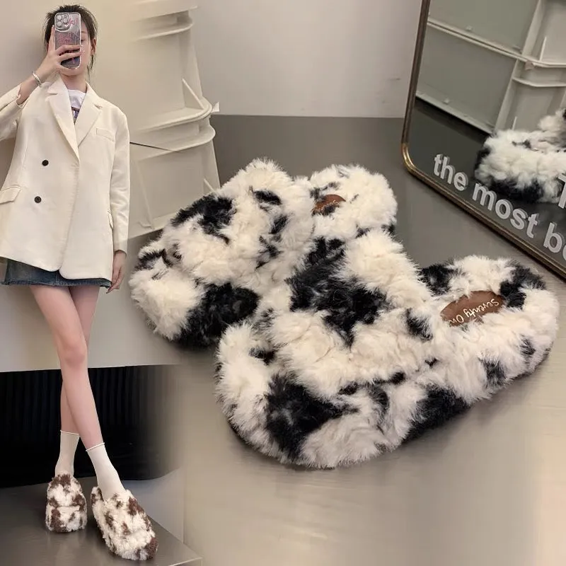 Fairy style cow color furry shoes for women's outer wear 2023 autumn and winter new fashion versatile home warm one-word cotton 