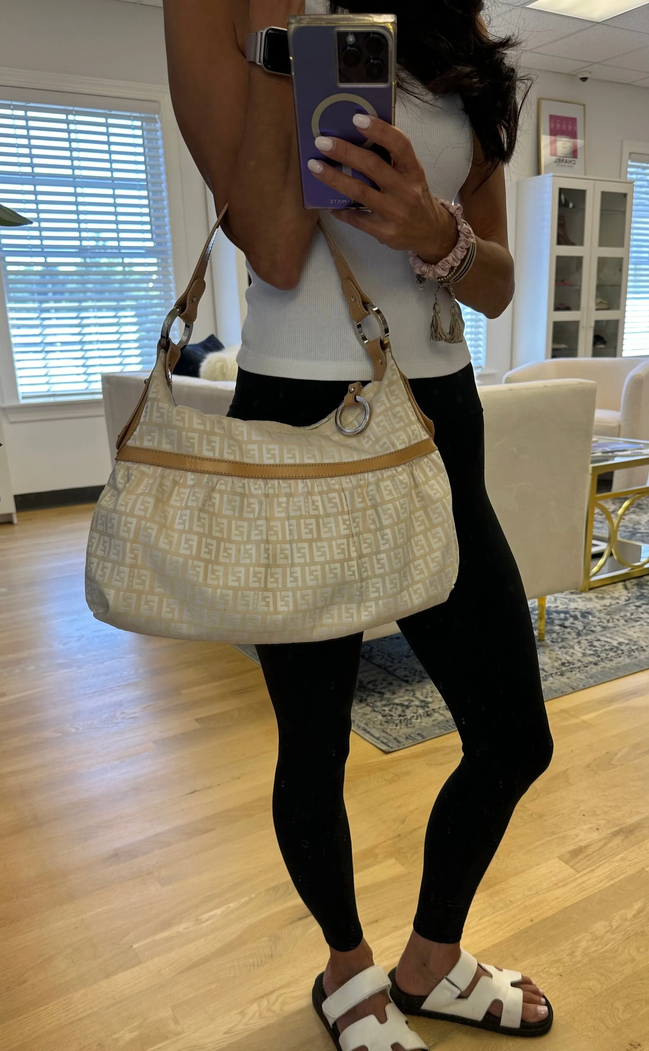 Fendi Ivory Fabric Zucca Logo Shoulder Bag