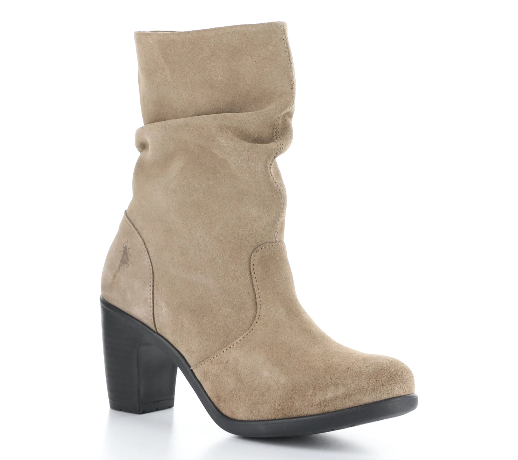 Fly London Ruched Oil Suede Heeled Boot- Klei