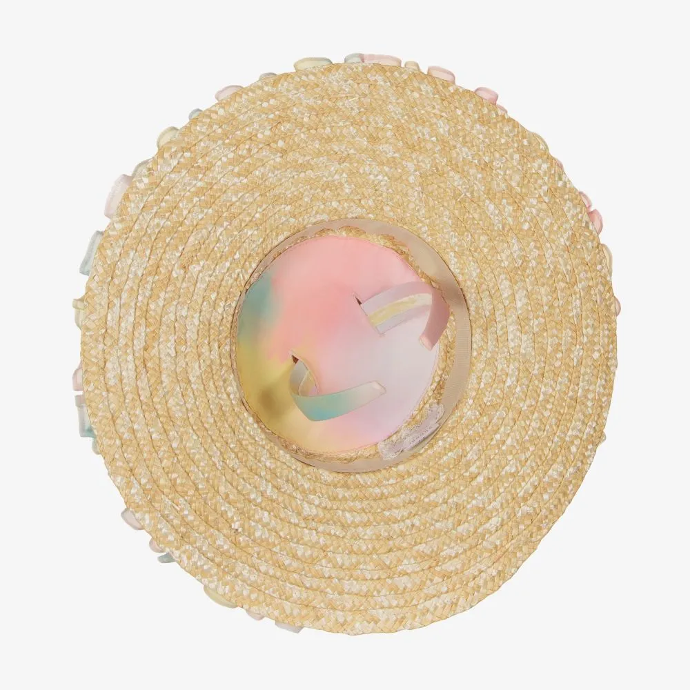 Girls Beige & Pink Straw Hat