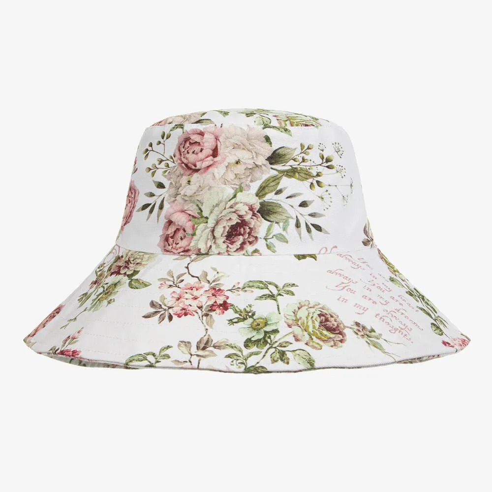 Girls White Floral Print Sun Hat