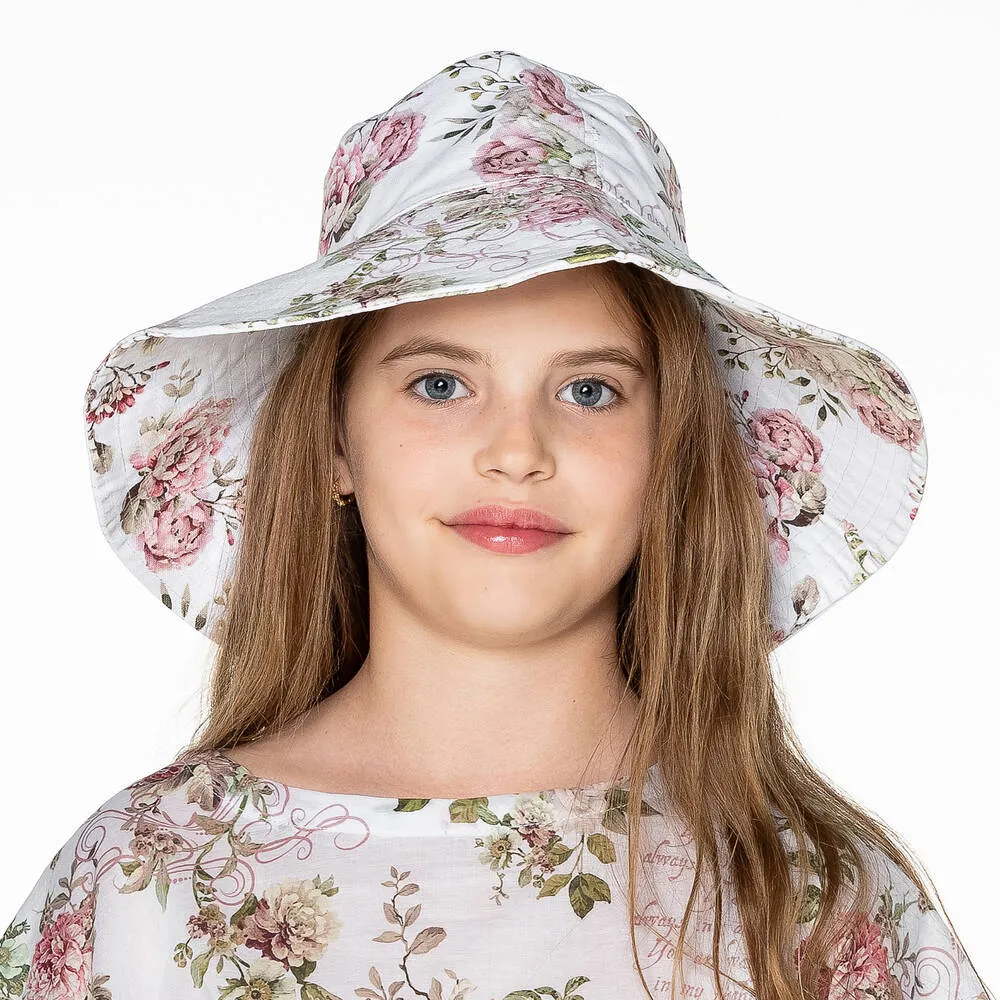 Girls White Floral Print Sun Hat