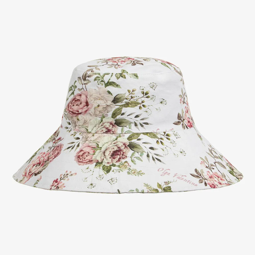 Girls White Floral Print Sun Hat