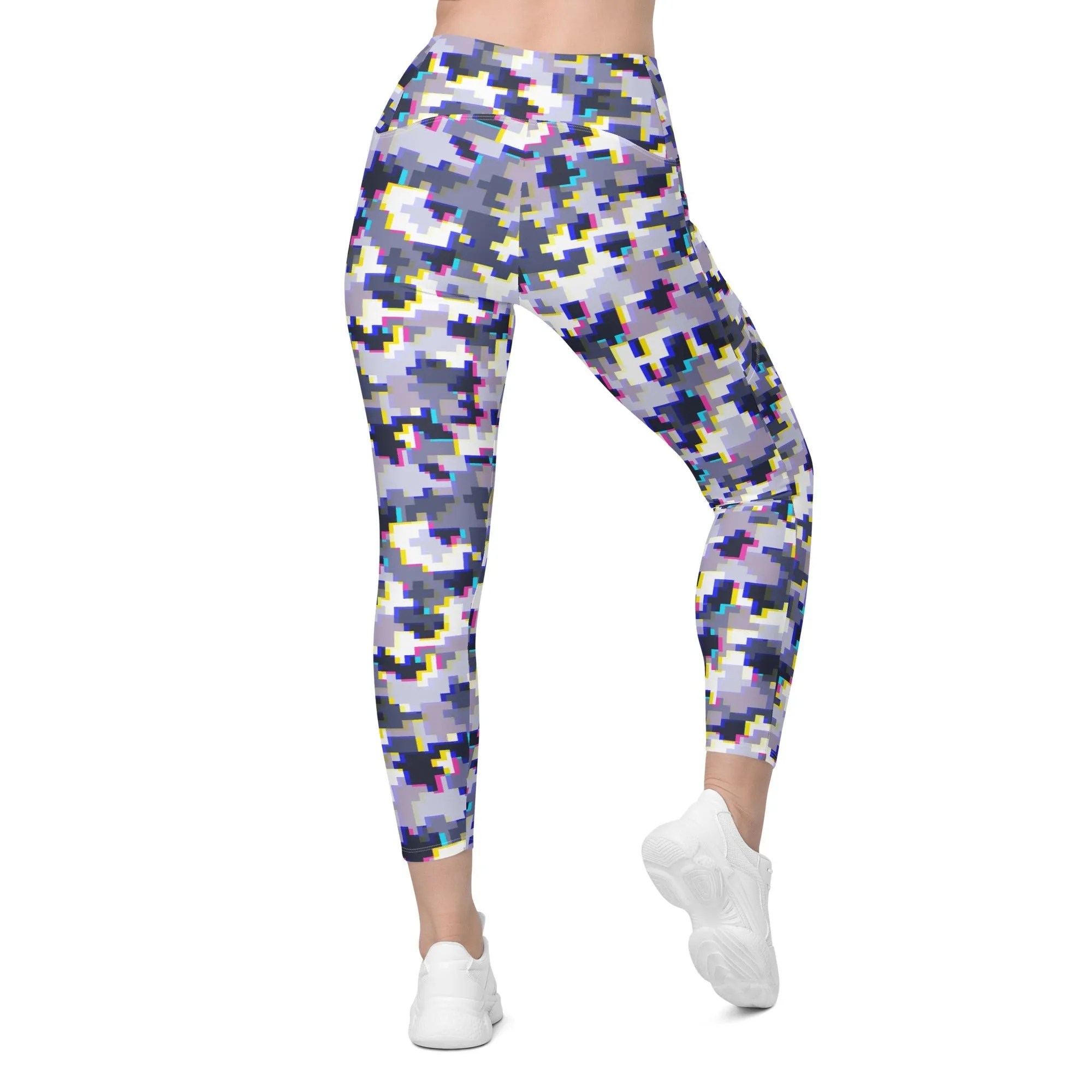 Glitchy Camo Crossover Leggings With Pockets