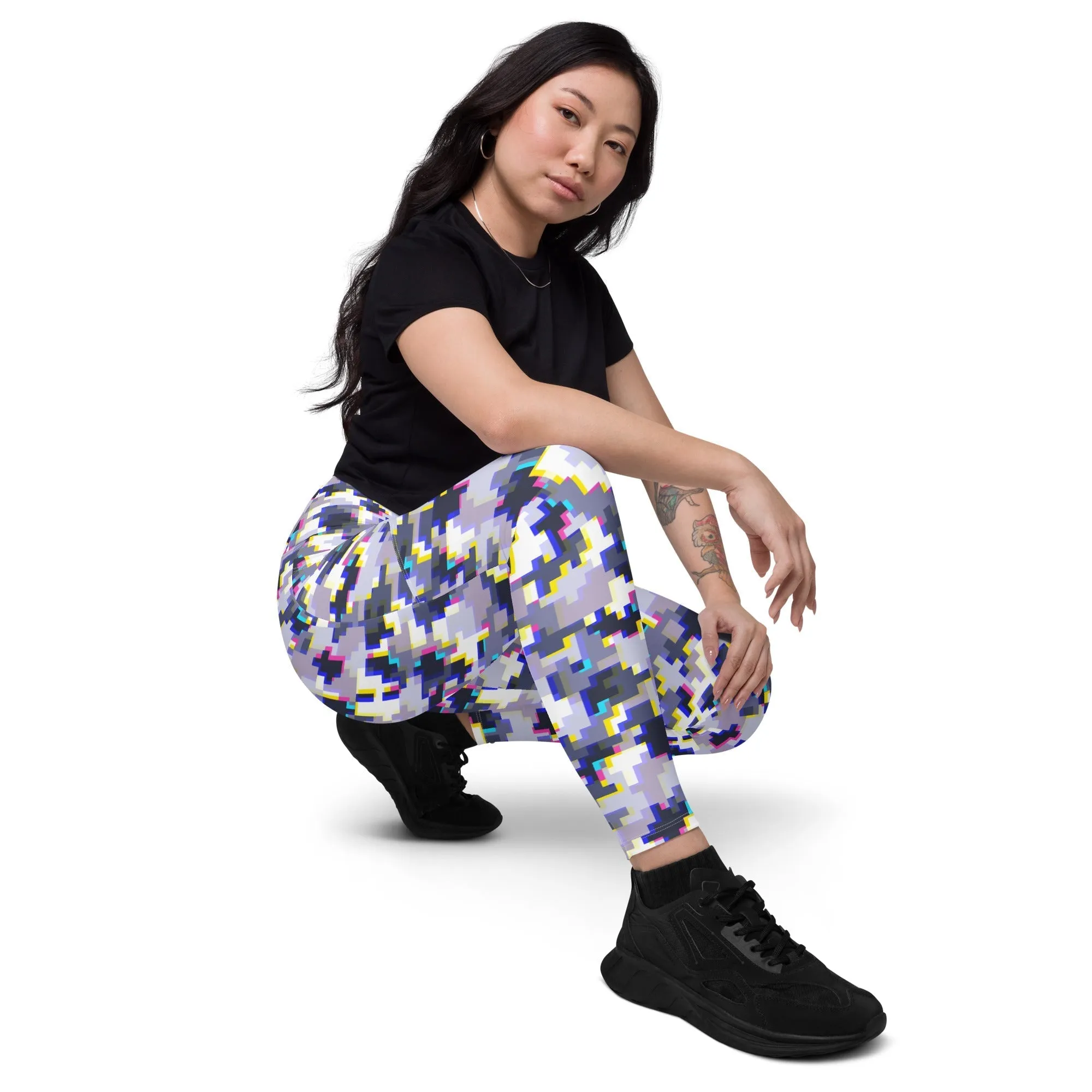 Glitchy Camo Crossover Leggings With Pockets