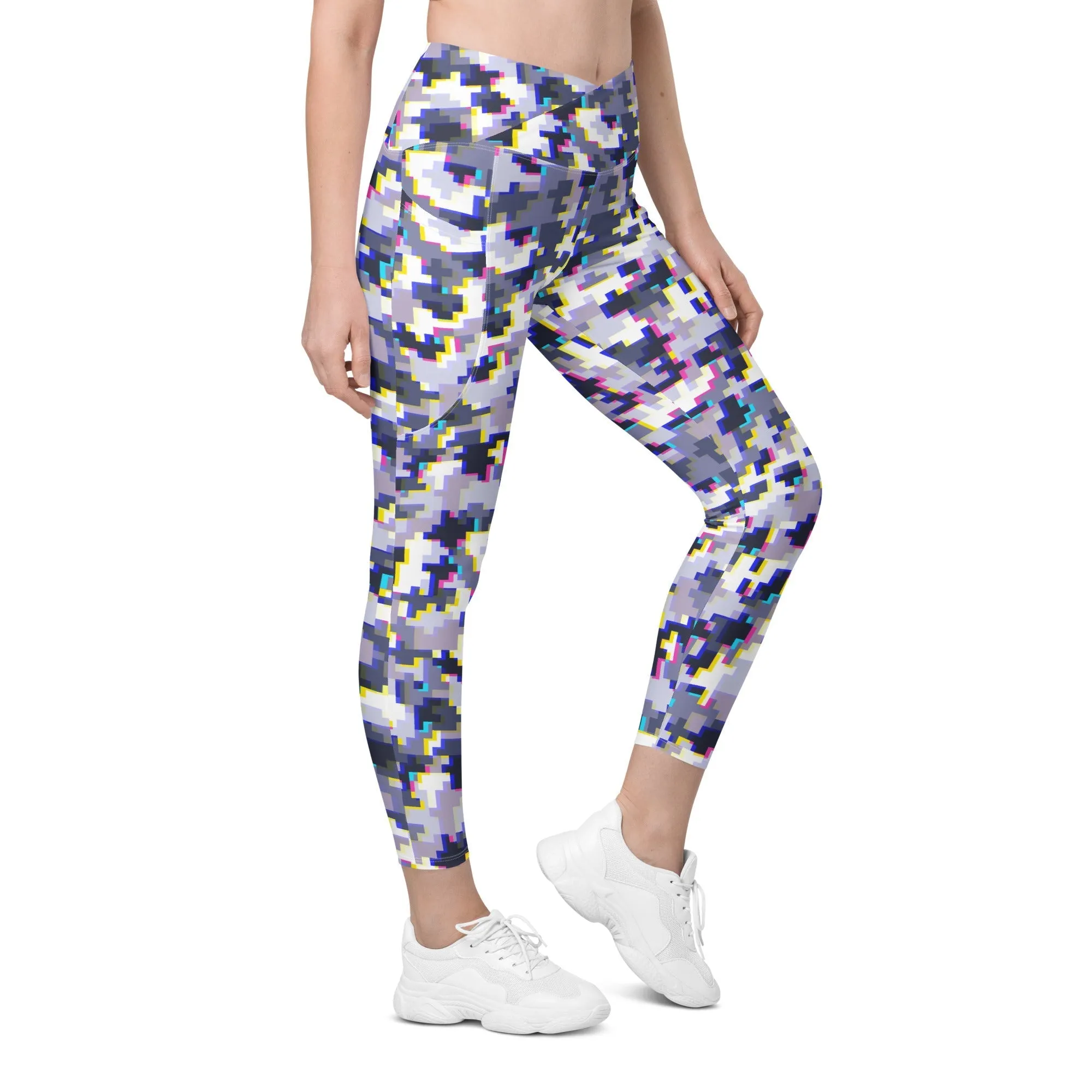 Glitchy Camo Crossover Leggings With Pockets