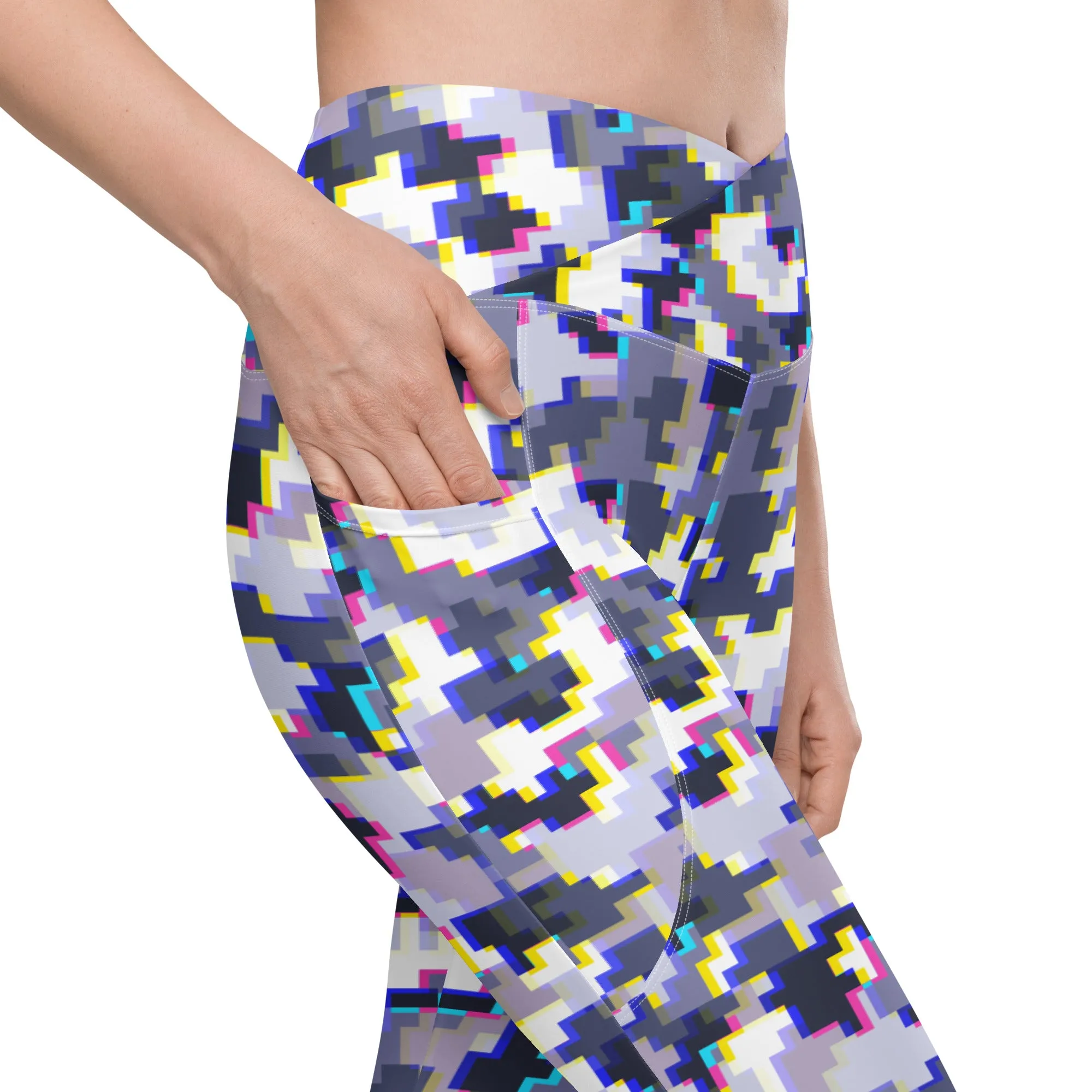 Glitchy Camo Crossover Leggings With Pockets