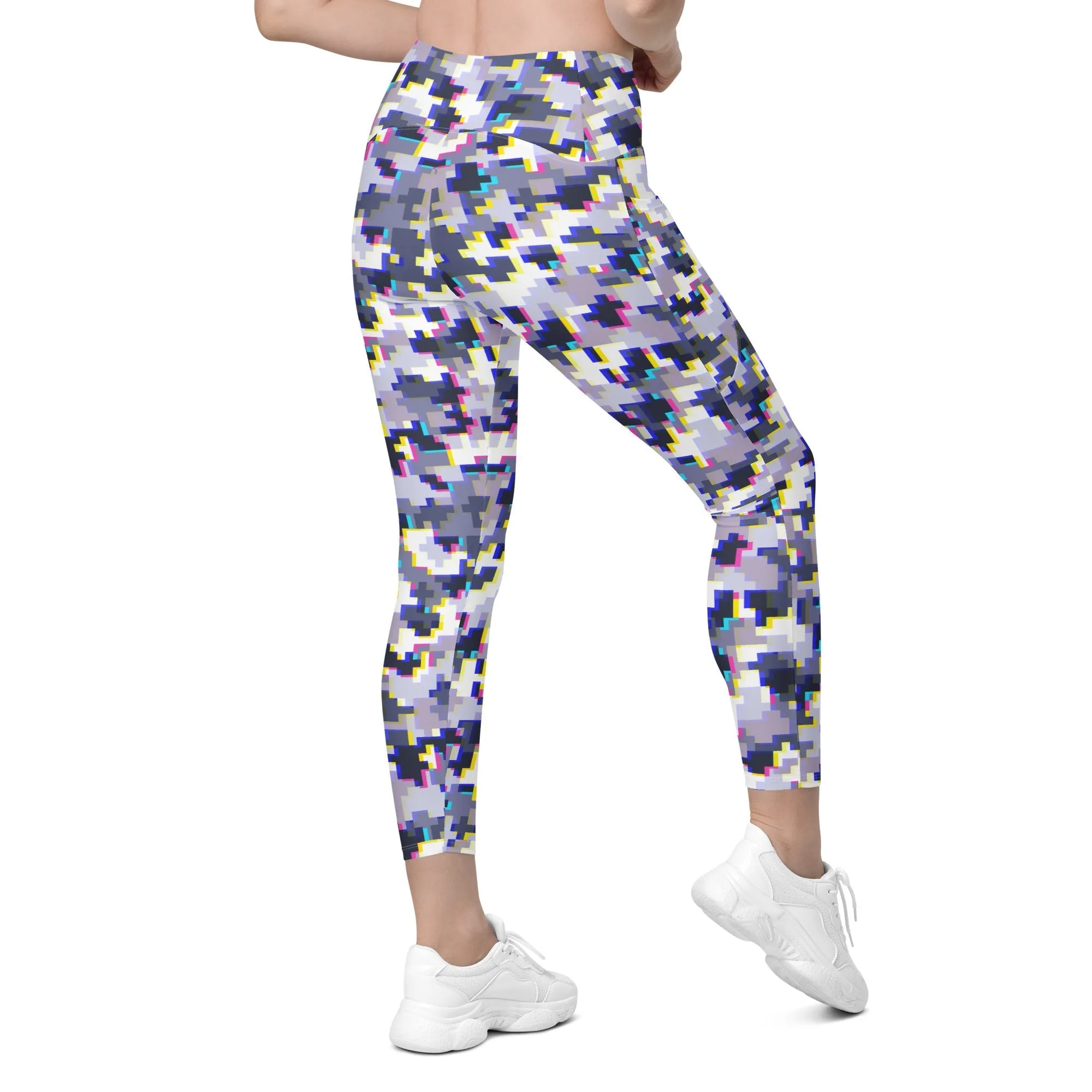 Glitchy Camo Crossover Leggings With Pockets