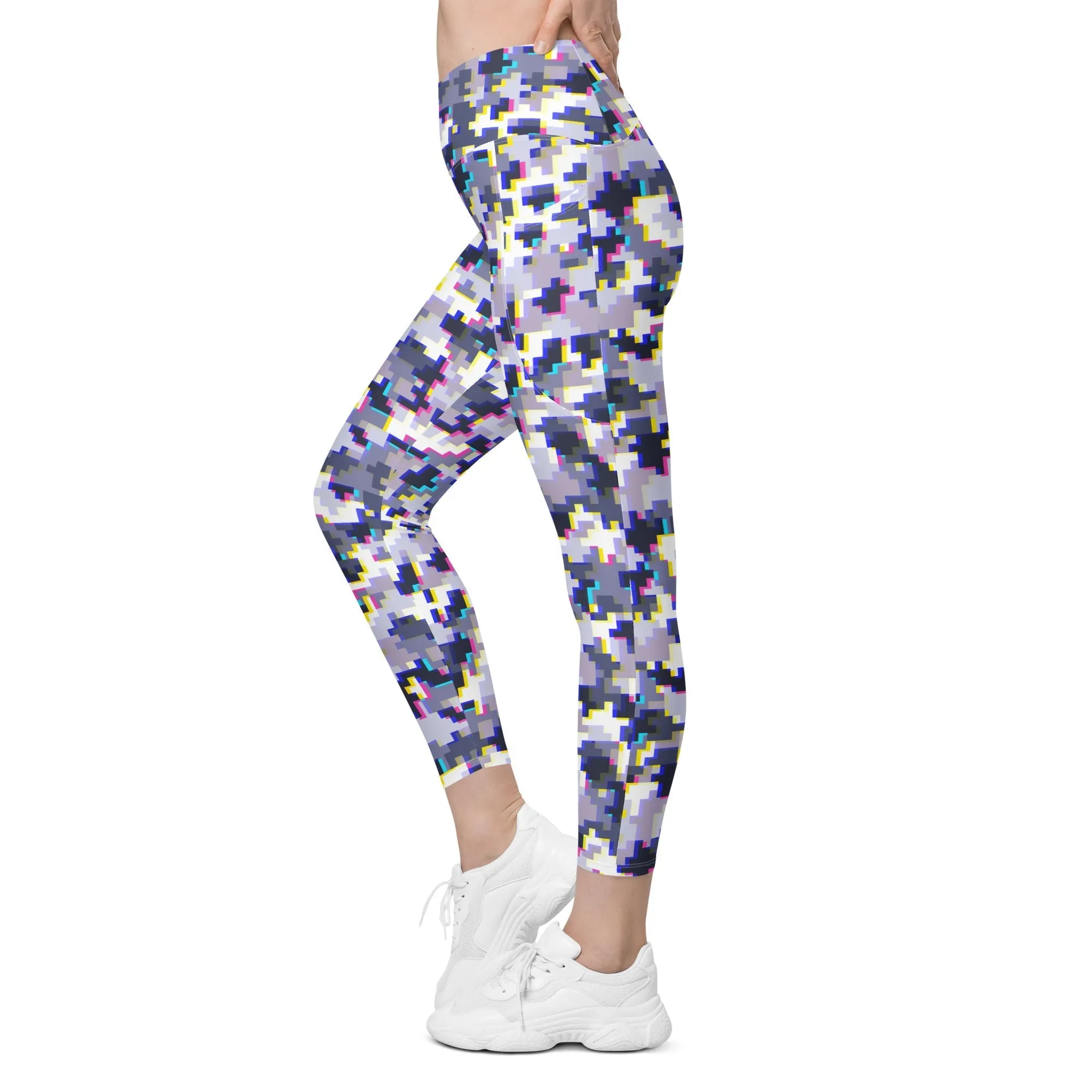 Glitchy Camo Crossover Leggings With Pockets