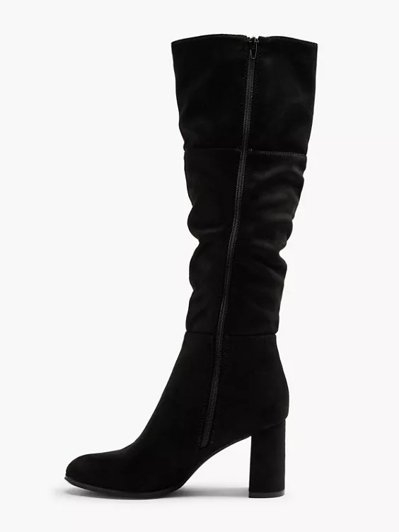 Graceland  Black Faux Suede Ruched Long Leg Heeled Boot