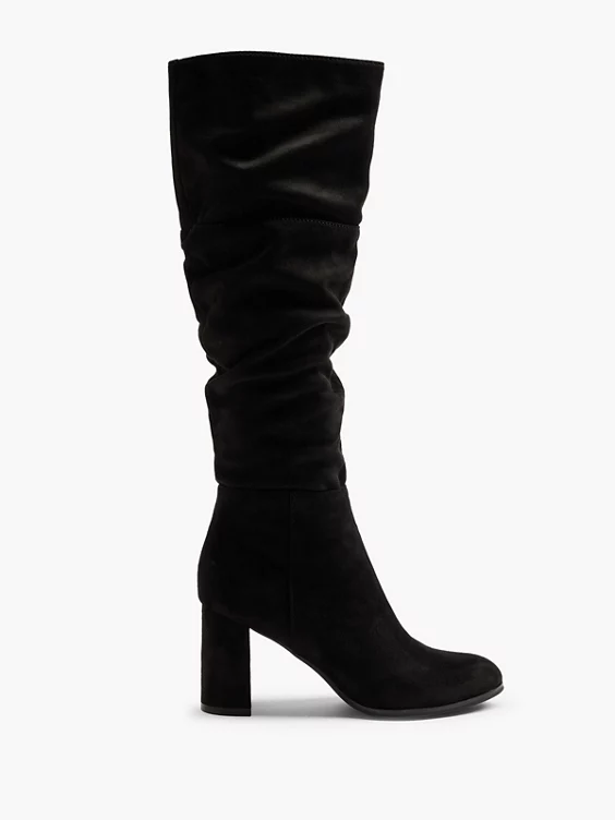 Graceland  Black Faux Suede Ruched Long Leg Heeled Boot