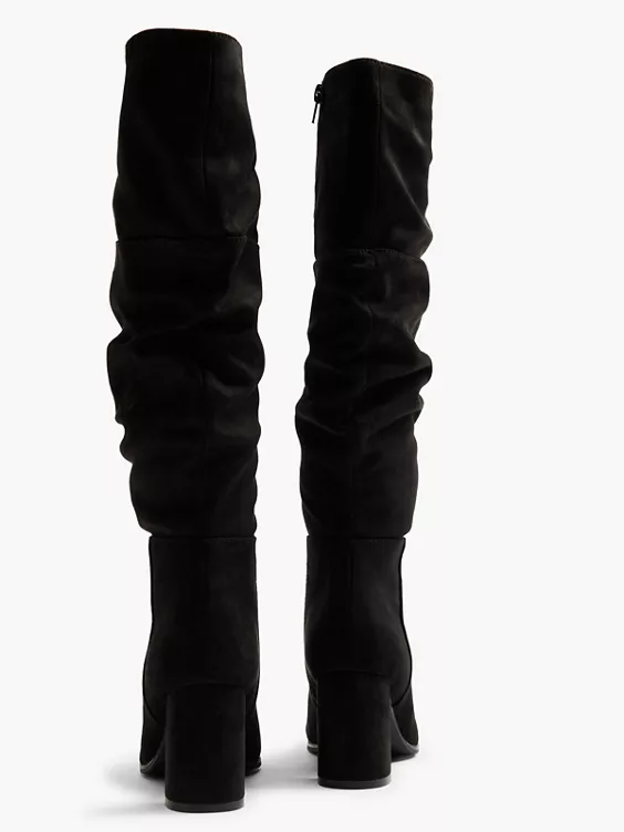 Graceland  Black Faux Suede Ruched Long Leg Heeled Boot