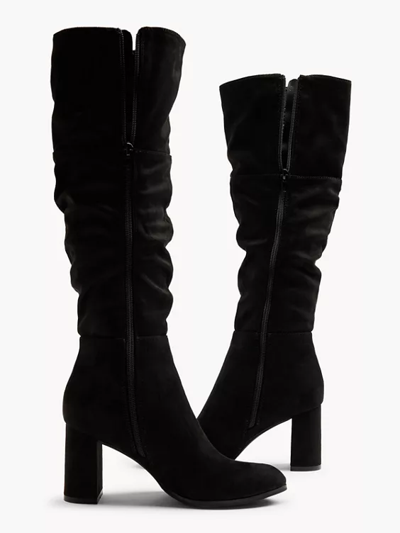 Graceland  Black Faux Suede Ruched Long Leg Heeled Boot