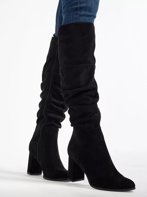 Graceland  Black Faux Suede Ruched Long Leg Heeled Boot