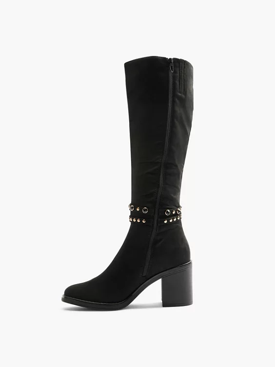 Graceland  Black Faux Suede Wrap Around Buckle Trim Long Leg Heeled Boot