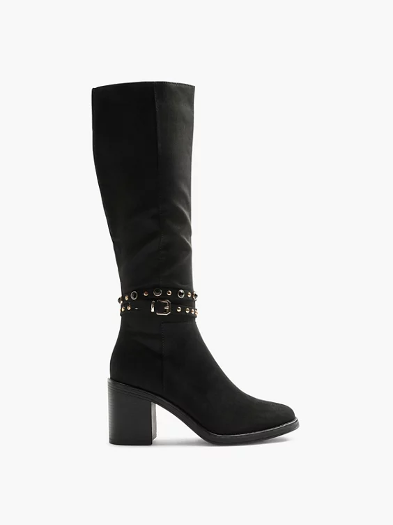 Graceland  Black Faux Suede Wrap Around Buckle Trim Long Leg Heeled Boot