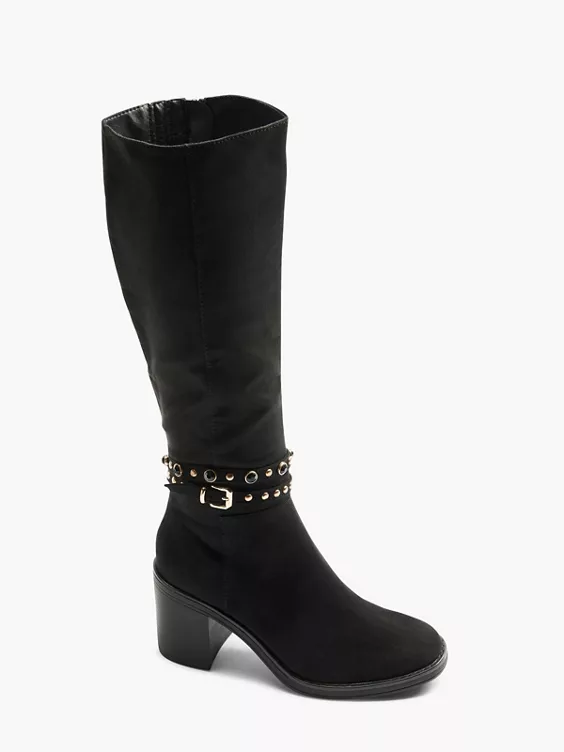 Graceland  Black Faux Suede Wrap Around Buckle Trim Long Leg Heeled Boot