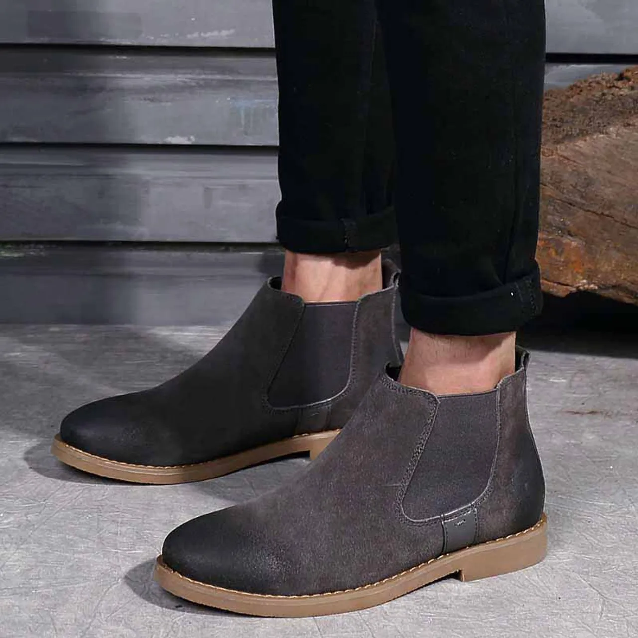 Grey retro leather slip on dress shoe boot