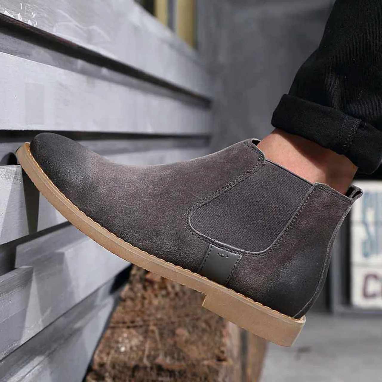 Grey retro leather slip on dress shoe boot