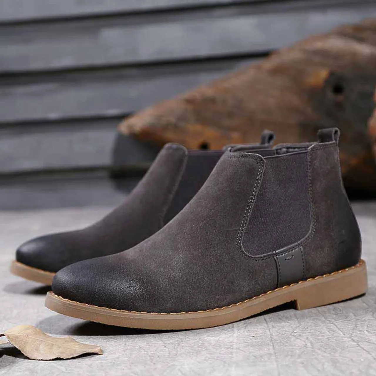 Grey retro leather slip on dress shoe boot