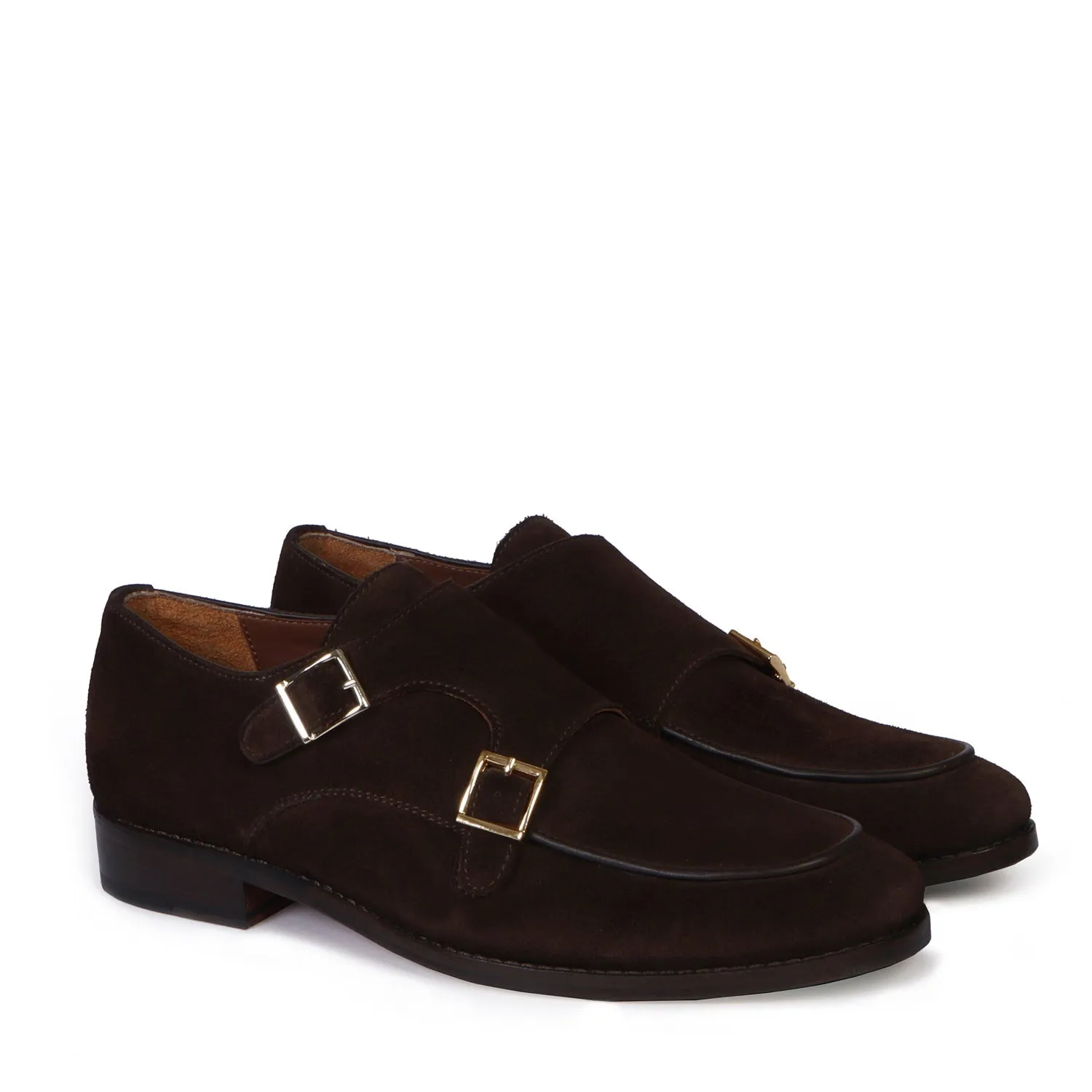 Hand Made Double Monk Formal Shoes in Dark Brown Suede Leather by Brune & Bareskin