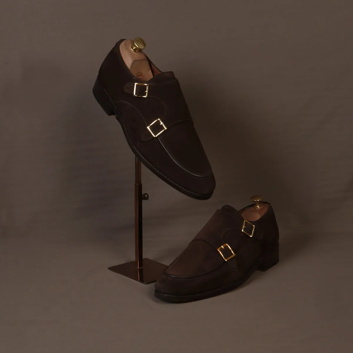 Hand Made Double Monk Formal Shoes in Dark Brown Suede Leather by Brune & Bareskin