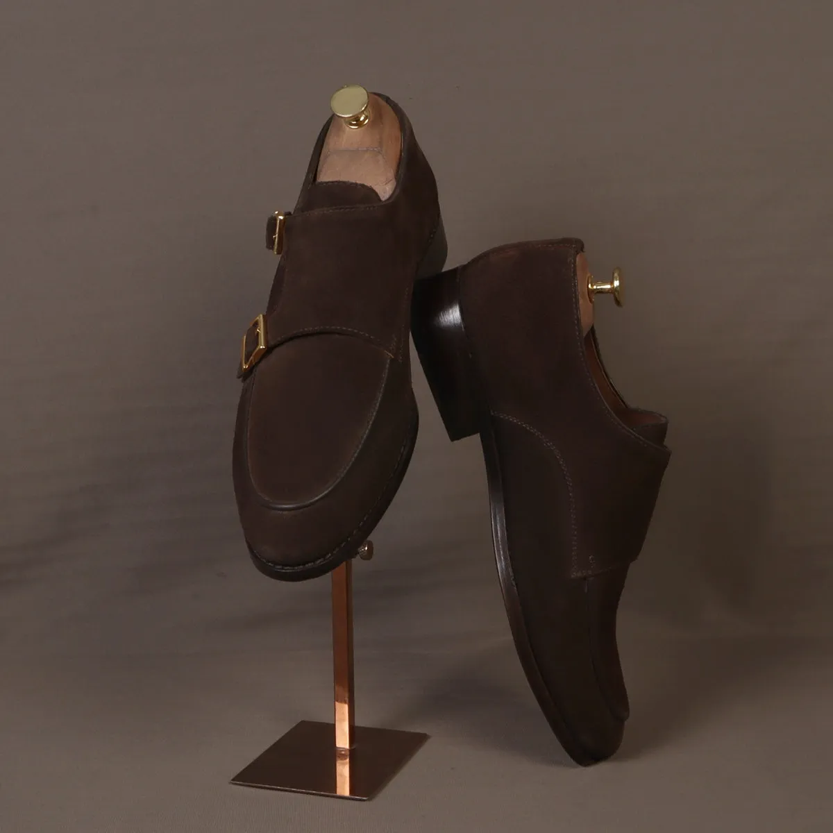 Hand Made Double Monk Formal Shoes in Dark Brown Suede Leather by Brune & Bareskin