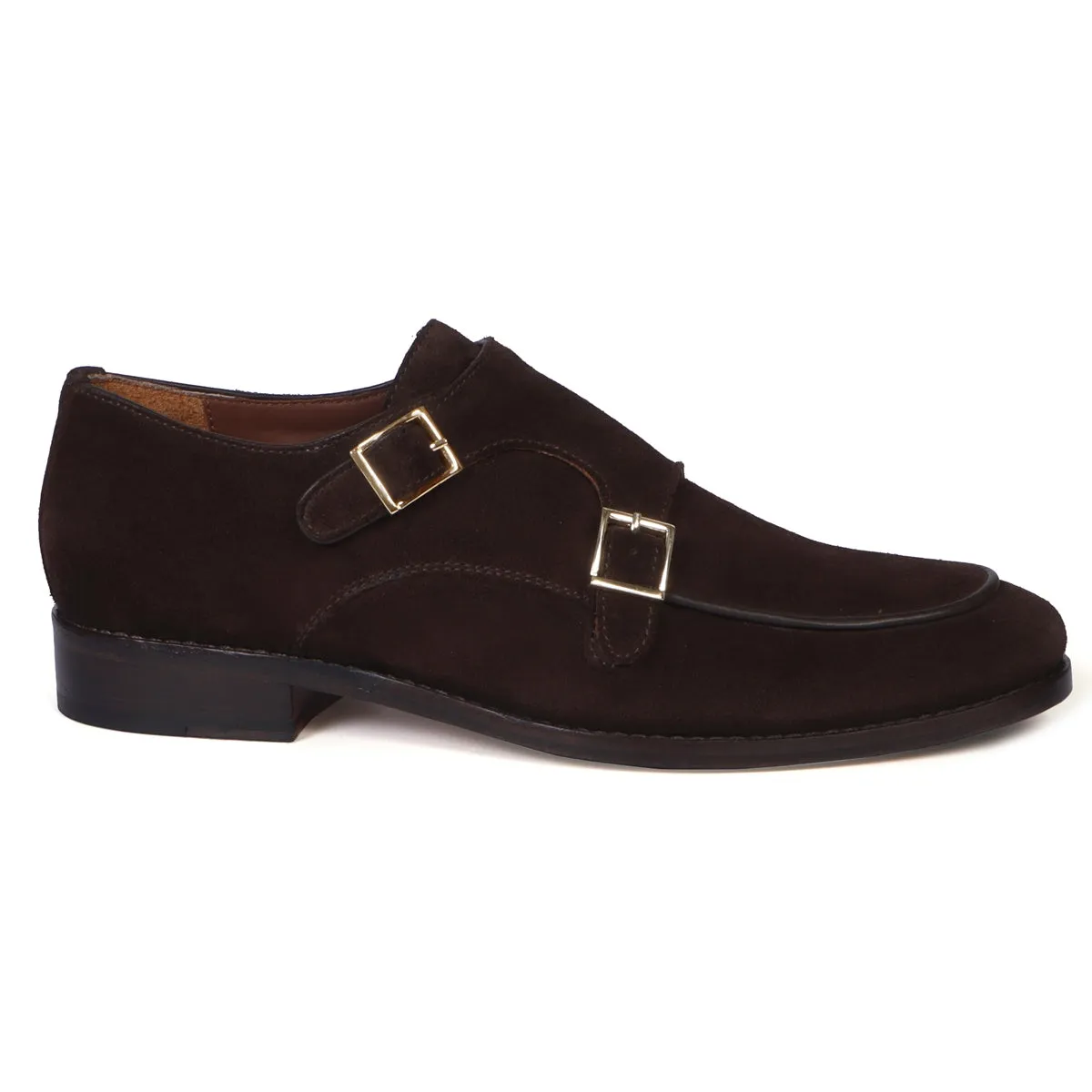 Hand Made Double Monk Formal Shoes in Dark Brown Suede Leather by Brune & Bareskin