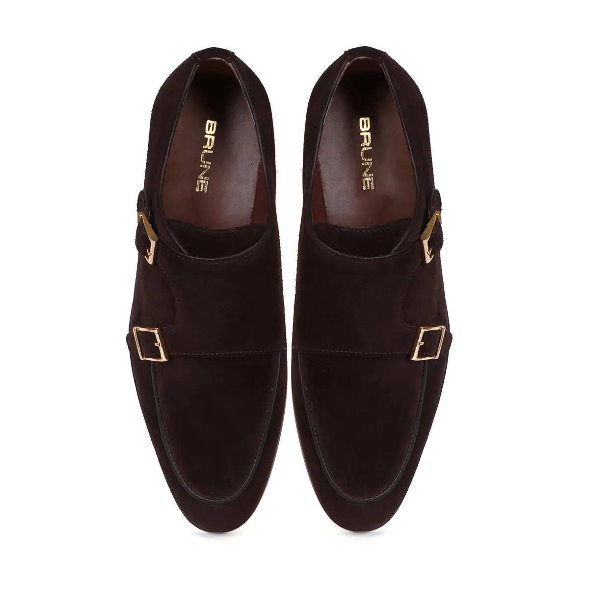 Hand Made Double Monk Formal Shoes in Dark Brown Suede Leather by Brune & Bareskin