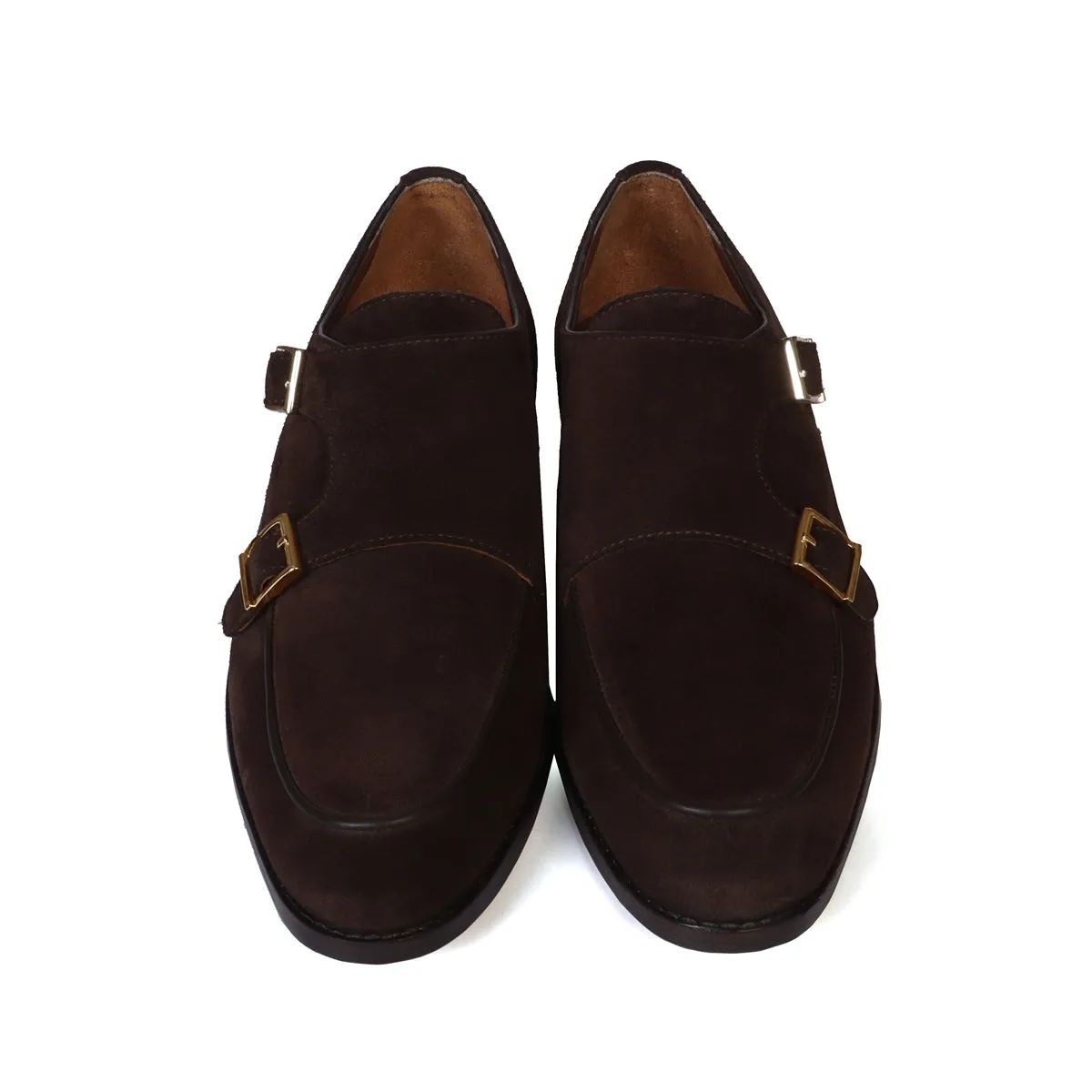 Hand Made Double Monk Formal Shoes in Dark Brown Suede Leather by Brune & Bareskin