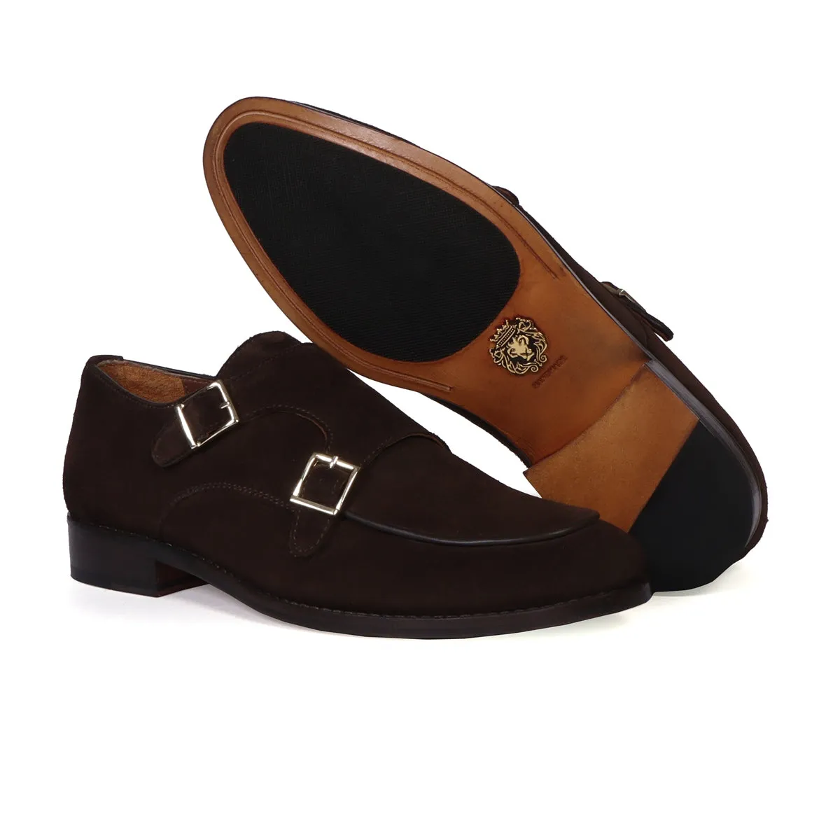 Hand Made Double Monk Formal Shoes in Dark Brown Suede Leather by Brune & Bareskin